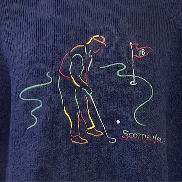 Scottish Isle Men’s Navy Embroidered Golf Crewneck Sweater by Bernette-Lg - Picture 7 of 16